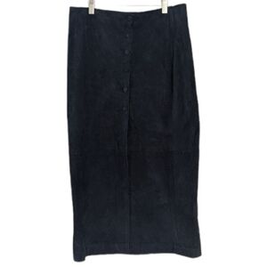 Vintage real suede buttons down midi maxi skirt black size Small @K1